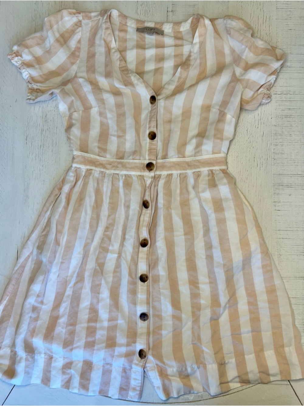 LOFT Tan and White Striped Button-Front Dress